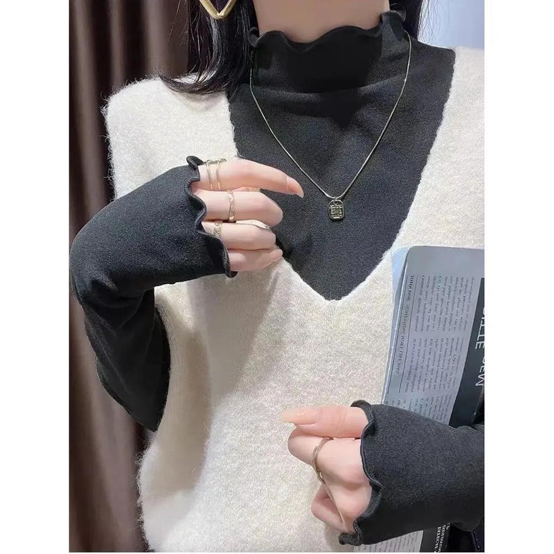 بلوزة طويلة الأكمام للنساء من فليس دافئ مع تصميم ياقة شبه عالية بحواف خشبية، تي شيرت يتناسب مع جميع الأزياء - Image 4