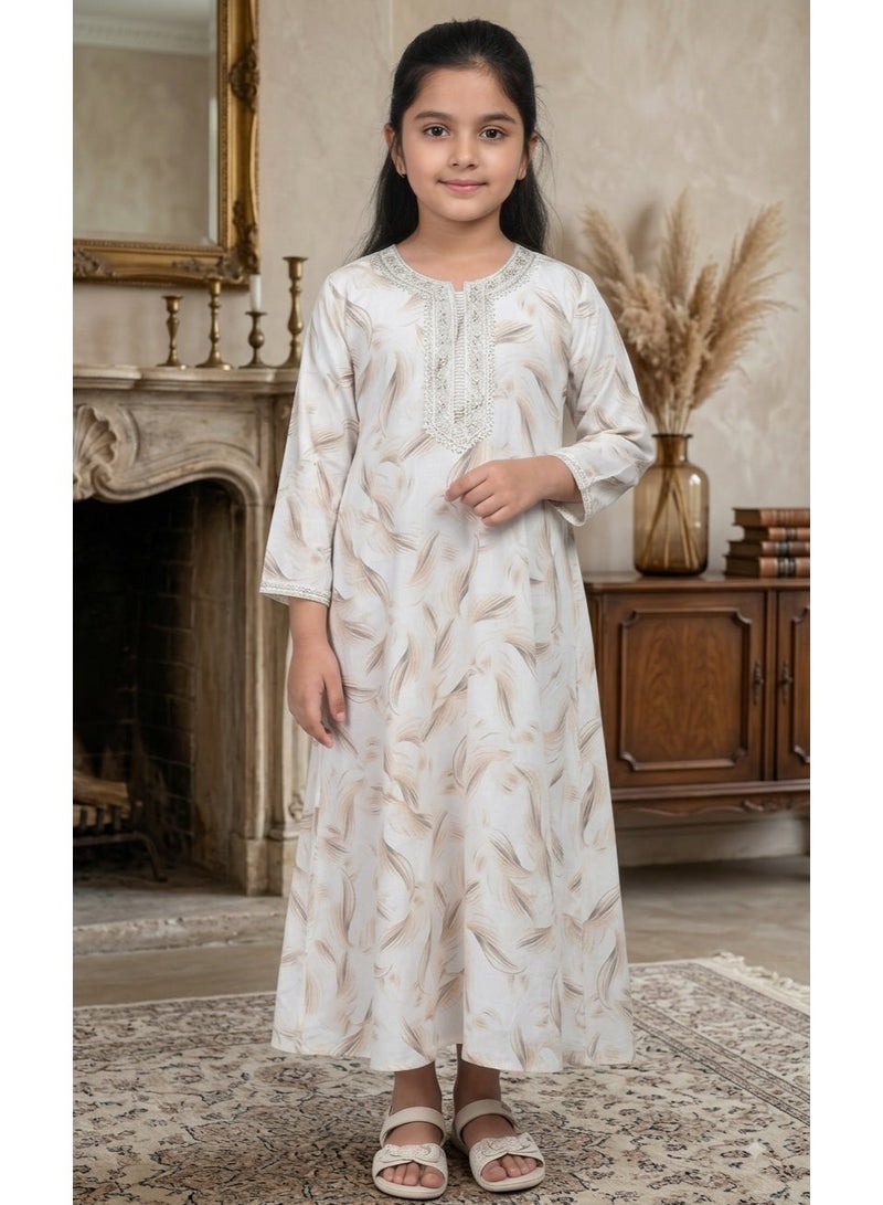 HANA & SARA Girls Arabic Digital Print Jalabiya – Pastel Floral Festive Viscose Blended Comfort Dress - Image 1