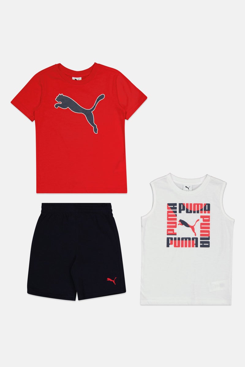 PUMA طقم تي شيرت وسروال قصير للأطفال الأولاد 3 قطع بشعار العلامة التجارية، متعدد الألوان - Image 2
