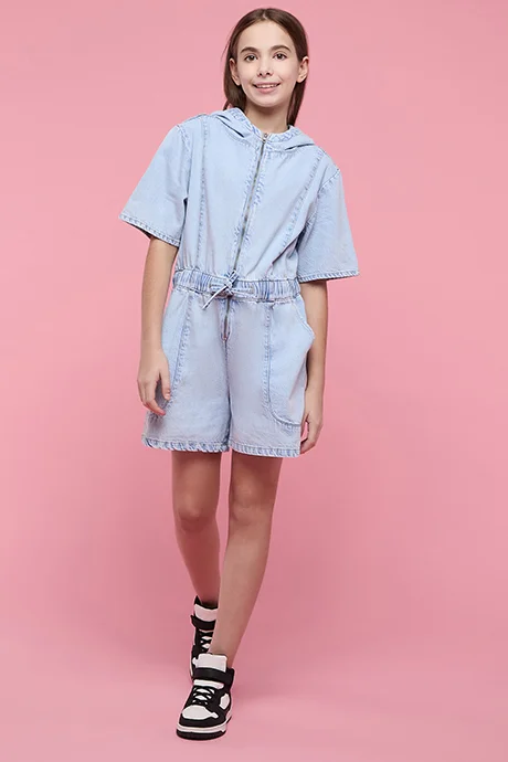 R&B Washed Hooded Romper with Short Sleeves