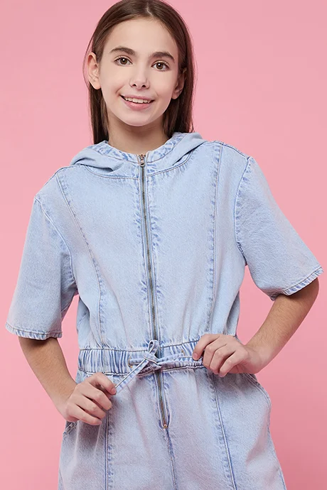 R&B Washed Hooded Romper with Short Sleeves