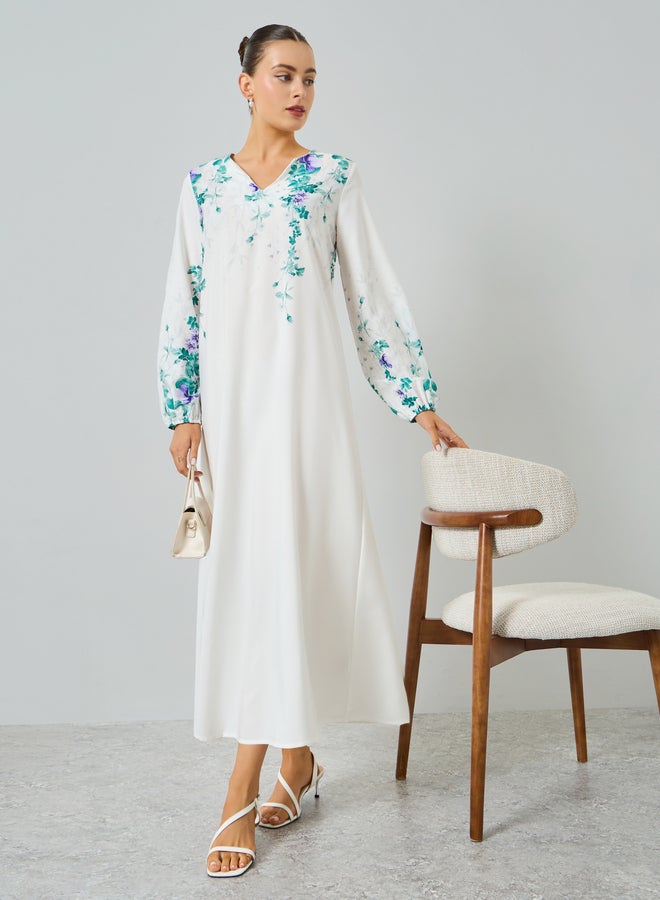 Take Two White Floral Print A-Line Jalabiya - Image 1