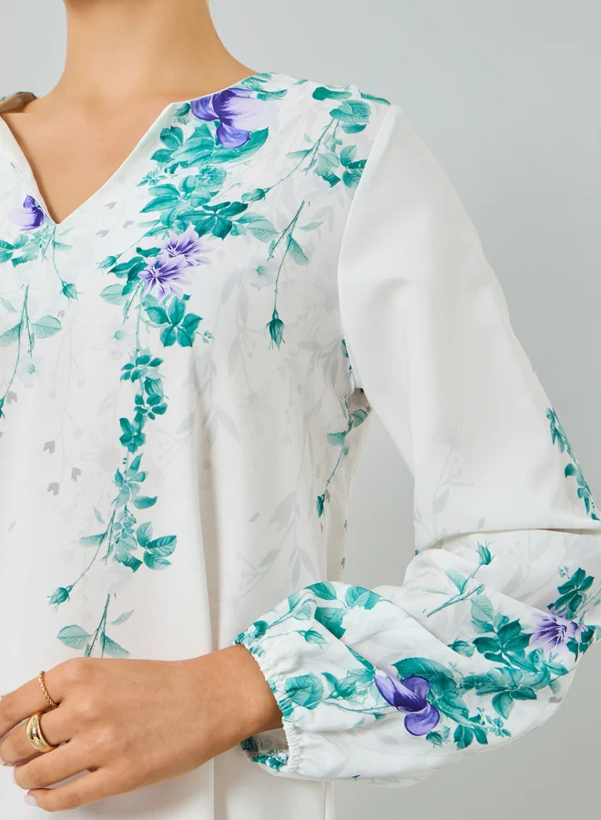 Take Two White White Floral Print A-Line Jalabiya for Women | Best Price UAE