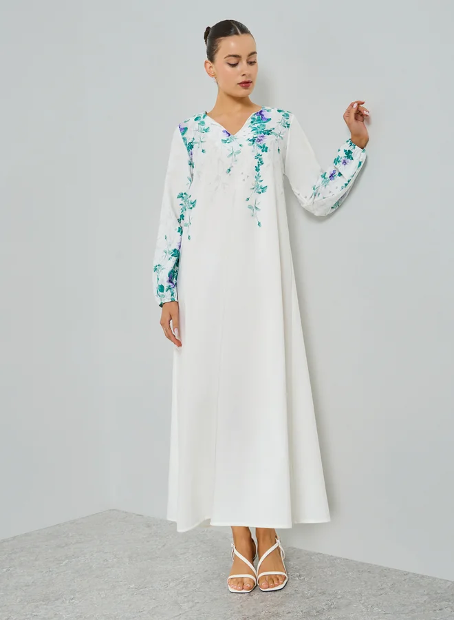Take Two White White Floral Print A-Line Jalabiya for Women | Best Price UAE