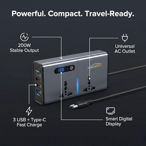 YOURKARTS.COM 200W Car Power Inverter 12V to 220V DC to AC Converter with 2 USB Ports + 2 Type-C + 2 AC Outlets | Portable Car Charger Adapter for Laptop, Mobile, Travel Use - Image 3