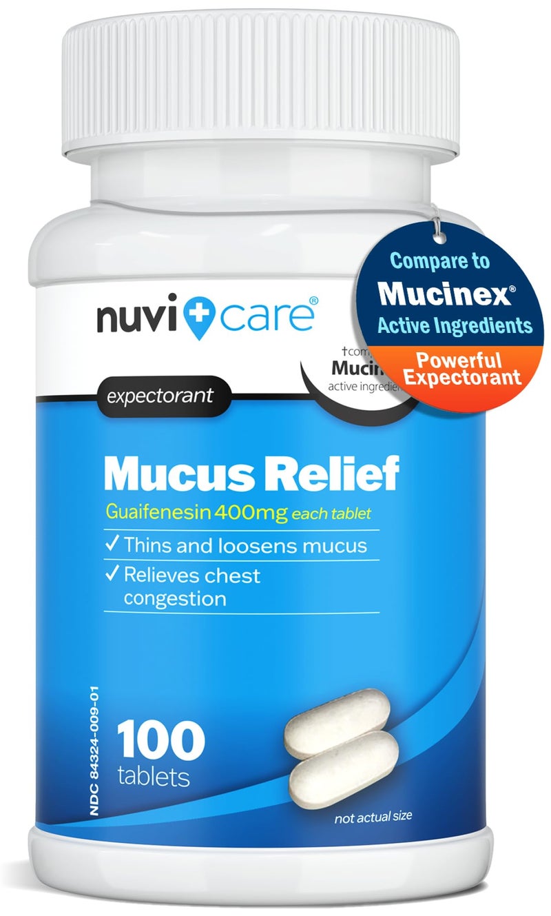 NUVICARE طارد البلغم تخفيف المخاط 400 ملغ جوايفينيسين 400 ملغ أقراص تخفيف احتقان الصدر السريع للبالغين مقارنة بأقراص موستينكس العامة Clear للمخاط والاحتقان 100 حبة