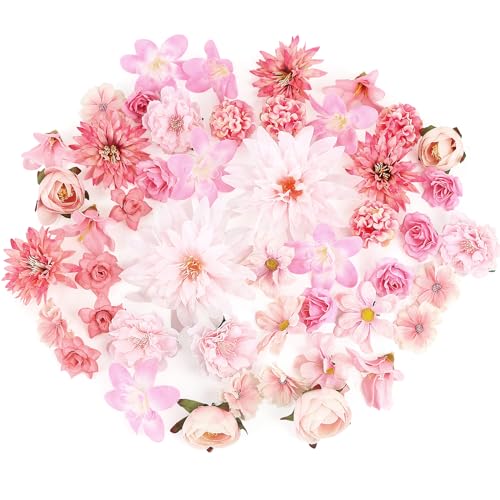 LACGO 48 PCS Fake Flowers Heads - Artificial Flower Heads Bulk Silk Faux Rose DIY Flower Embellishments Blossom Wreath Bouquets for Crafts Wedding Bridal Party Baby Shower Home Decoration(Pink) - Image 1
