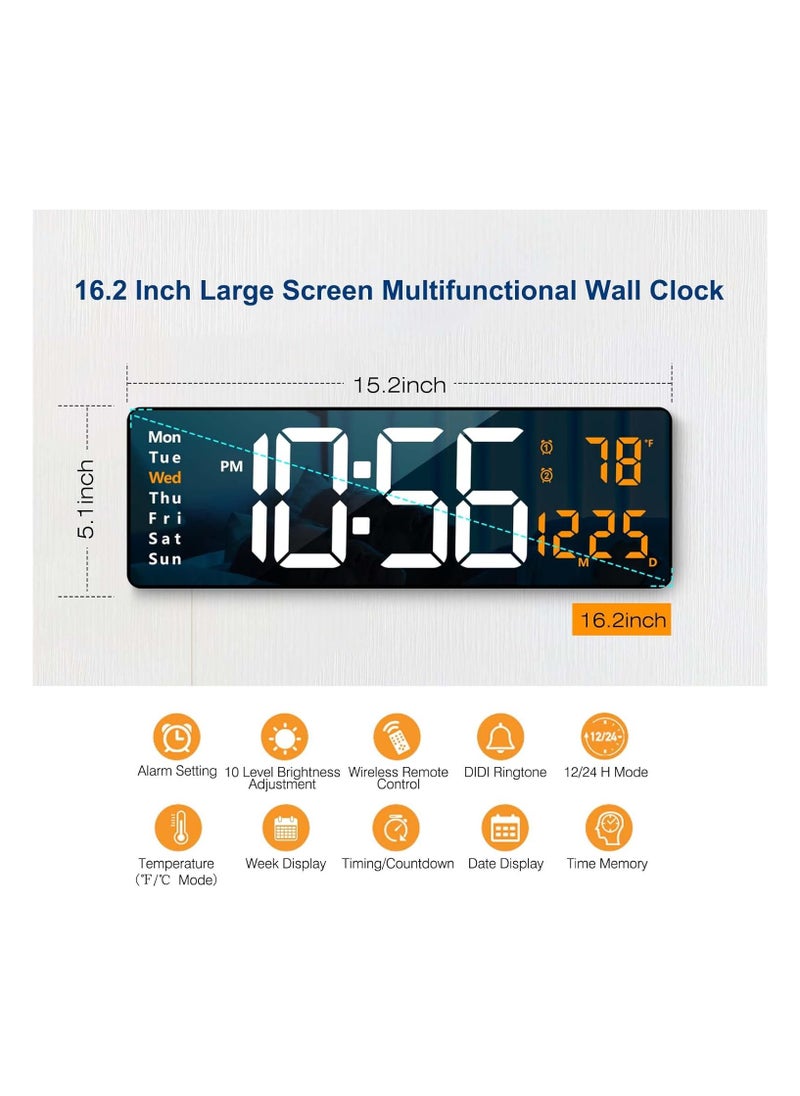 Digital Wall Clock Large Display, 16.2 Inch Large Wall Clocks, LED Digital Clock with Remote Control for Living Room Decor, Automatic Brightness Dimmer Big Clock with Date Week Temperature