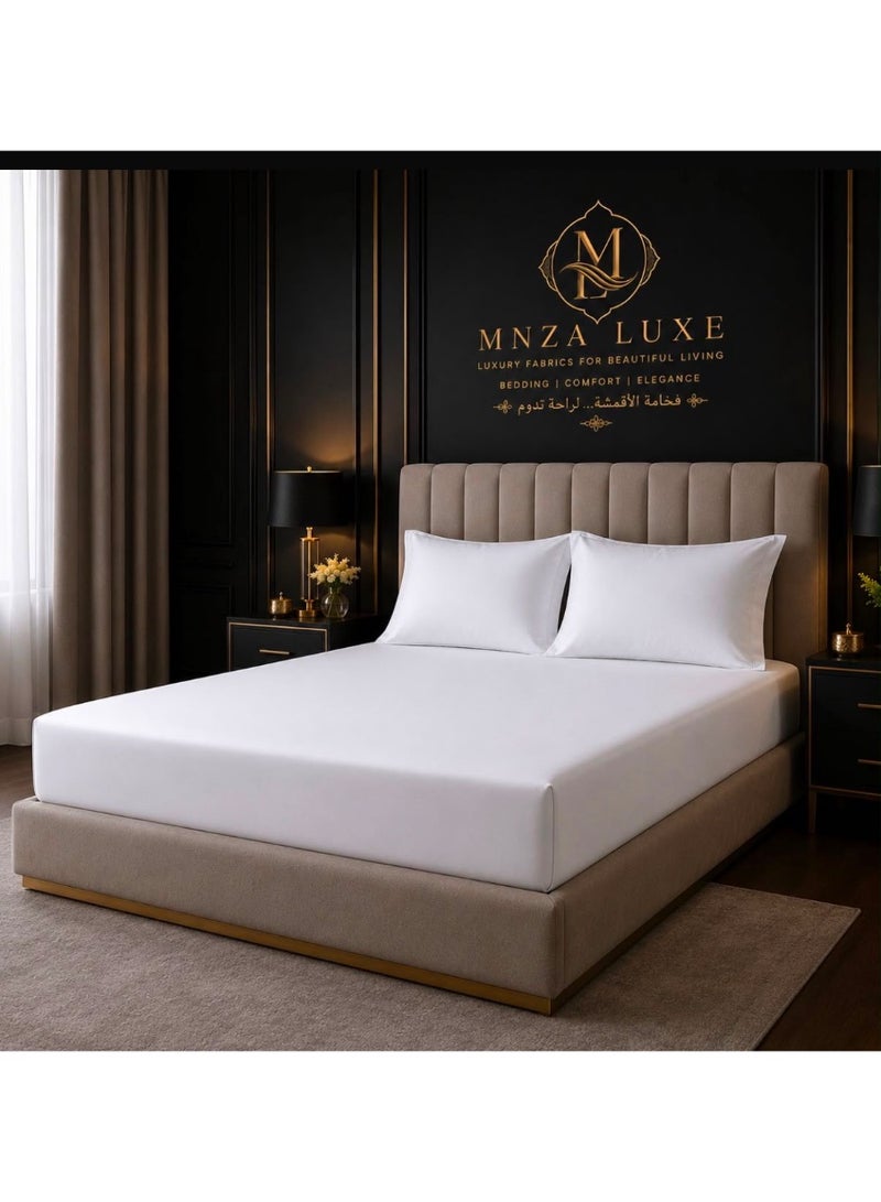 MNZA LUXE طقم ملاءة سرير مطاطية من القطن الساتان السادة الفاخر 300TC | 1 ملاءة مطاطية + 2 غطاء وسادة (50 × 75 سم) | جودة فندقية، ناعم، قابل للتنفس، جيب عميق، مقاوم للتجاعيد | أبيض - Image 1