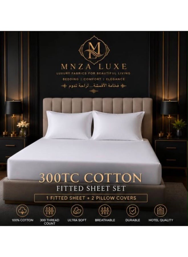 MNZA LUXE طقم ملاءة سرير مطاطية من القطن الساتان السادة الفاخر 300TC | 1 ملاءة مطاطية + 2 غطاء وسادة (50 × 75 سم) | جودة فندقية، ناعم، قابل للتنفس، جيب عميق، مقاوم للتجاعيد | أبيض - Image 3