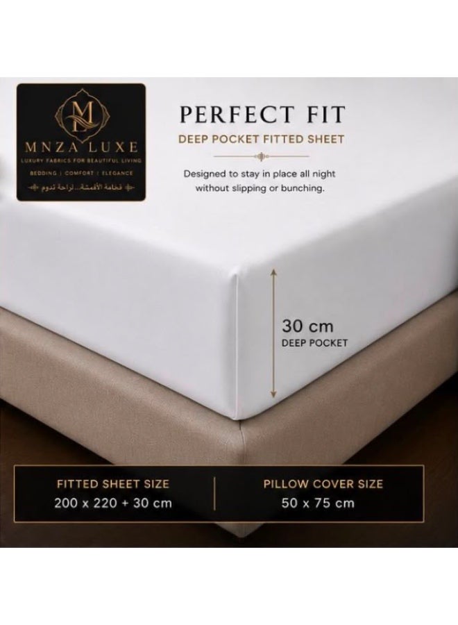 MNZA LUXE طقم ملاءة سرير مطاطية من القطن الساتان السادة الفاخر 300TC | 1 ملاءة مطاطية + 2 غطاء وسادة (50 × 75 سم) | جودة فندقية، ناعم، قابل للتنفس، جيب عميق، مقاوم للتجاعيد | أبيض - Image 4