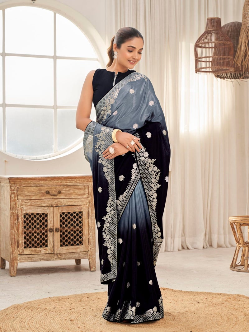 MANOHARI Women's Heavy Embroidered Moss Chiffon Dual Tone Black & Grey Color Padding for Women | Ethnic Saree with Blouse Piece | Dual Color Saree_MN2021 - Image 2