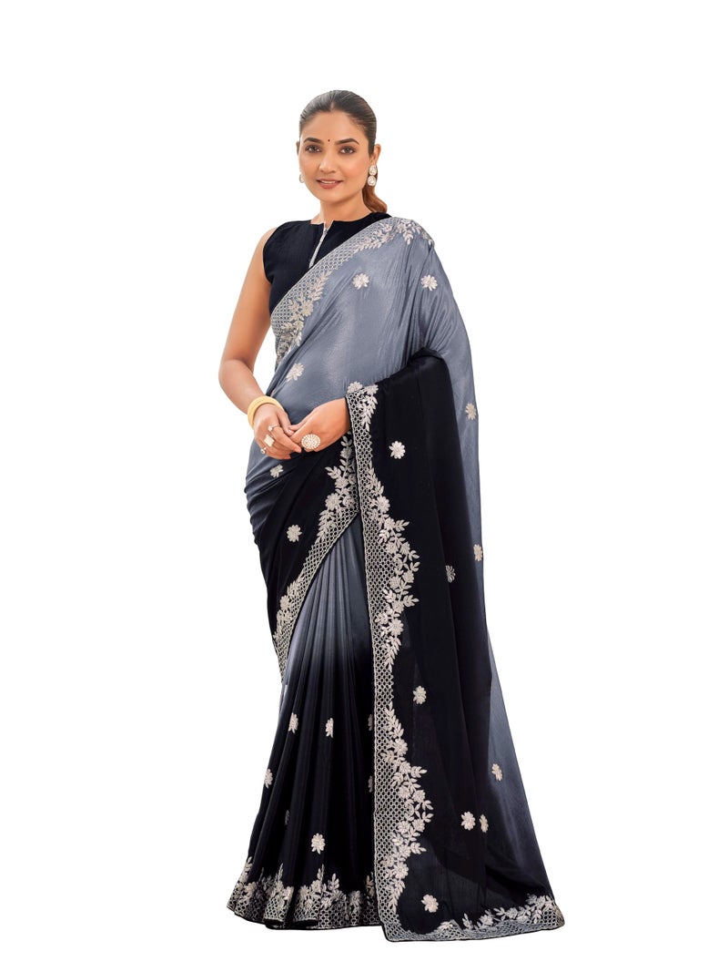 MANOHARI Women's Heavy Embroidered Moss Chiffon Dual Tone Black & Grey Color Padding for Women | Ethnic Saree with Blouse Piece | Dual Color Saree_MN2021 - Image 1