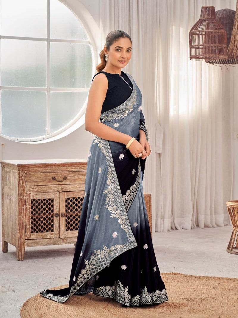 MANOHARI Women's Heavy Embroidered Moss Chiffon Dual Tone Black & Grey Color Padding for Women | Ethnic Saree with Blouse Piece | Dual Color Saree_MN2021 - Image 5