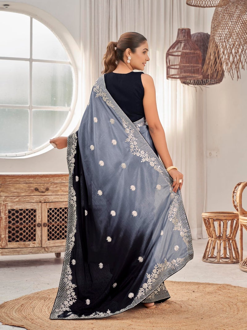 MANOHARI Women's Heavy Embroidered Moss Chiffon Dual Tone Black & Grey Color Padding for Women | Ethnic Saree with Blouse Piece | Dual Color Saree_MN2021 - Image 4