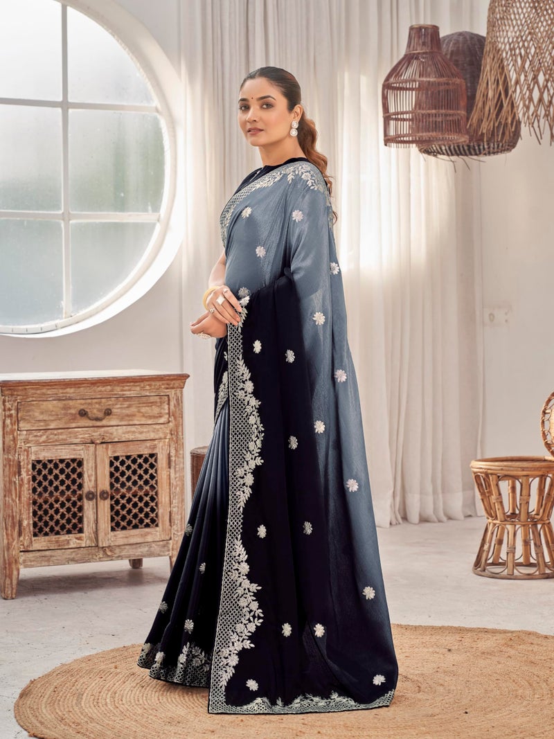 MANOHARI Women's Heavy Embroidered Moss Chiffon Dual Tone Black & Grey Color Padding for Women | Ethnic Saree with Blouse Piece | Dual Color Saree_MN2021 - Image 3