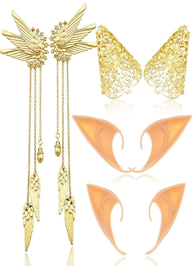 RechicGu 4 Pairs Elf Ear Cuffs Cosplay Fairy Pixie Elven Earrings Filigree Ear Wrap Tips Wings Tassel Chain Ear Clips Halloween Costume Anime Party Dress Up Masquerade Vampire Pageants Golden Color - Image 1