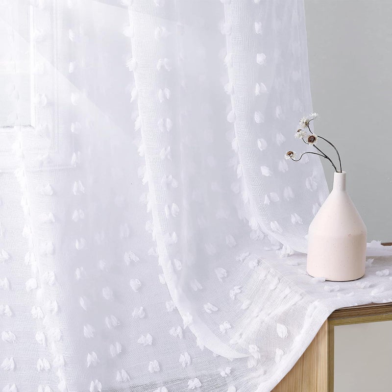 Guken Pom Pom Short White Sheer Curtains 54 Inch Length 2 Panels for Small Bathroom Basement Short Embroidery Shabby Chic Window Treatment Rod Pocket Window Semi Voile Textured Curtains W52xL54 inches Long