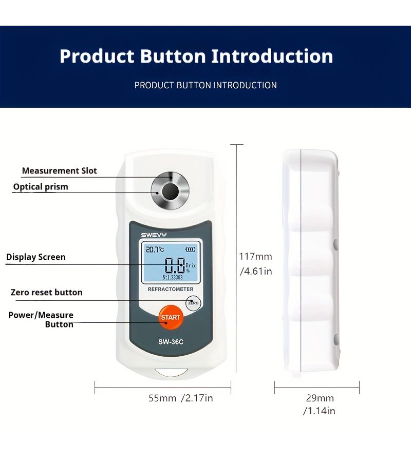 SWEVY Portable Brix Refractometer 0 36 Percent Brix Range LCD Digital Display Intelligent Fruit Sweetness Analysis Meter For Measuring Brix Refractive Index Temperature With One Key Clear Function Dual - Image 1