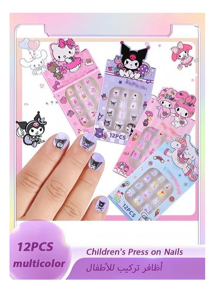 12pcs الصحافة على الأظافر للأطفال ، نصائح الأظافر الكاذبة الكرتون لطيف مع أداة مانيكير ، ملصقات الأظافر القابلة للإزالة مجموعة هدية للبنات - Image 1