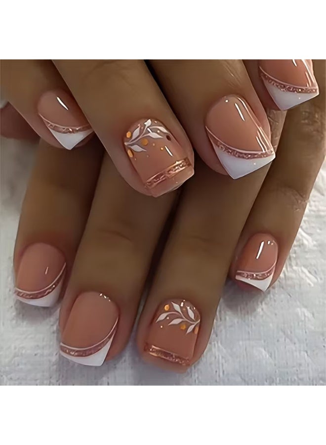 LANGMANNI 24pcs Women's Glossy Square Round French Rose Golden White Striped Leaf Pressing Nails Comes with 1 Set of Kits for Weddings and Celebrations - Image 2