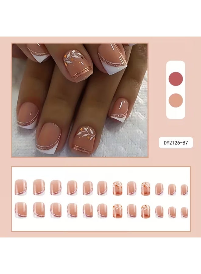 LANGMANNI 24pcs Women's Glossy Square Round French Rose Golden White Striped Leaf Pressing Nails Comes with 1 Set of Kits for Weddings and Celebrations - Image 1