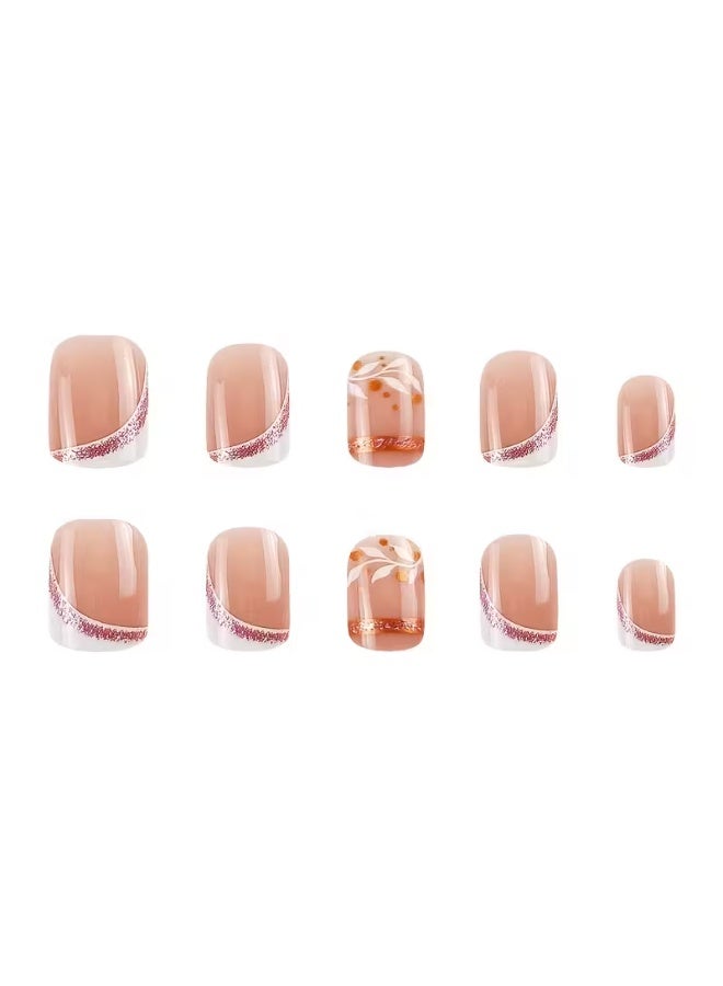 LANGMANNI 24pcs Women's Glossy Square Round French Rose Golden White Striped Leaf Pressing Nails Comes with 1 Set of Kits for Weddings and Celebrations - Image 3