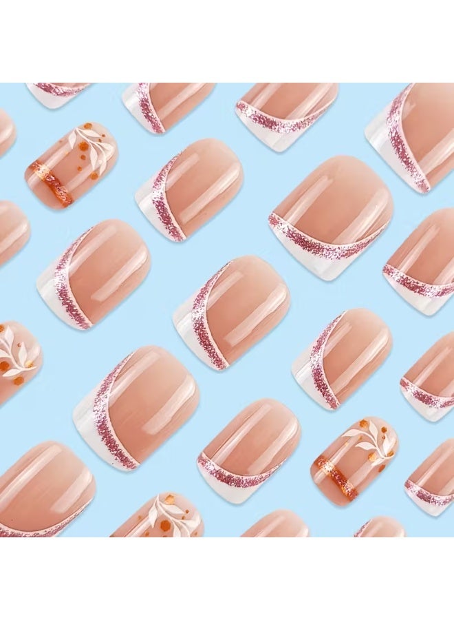 LANGMANNI 24pcs Women's Glossy Square Round French Rose Golden White Striped Leaf Pressing Nails Comes with 1 Set of Kits for Weddings and Celebrations - Image 4