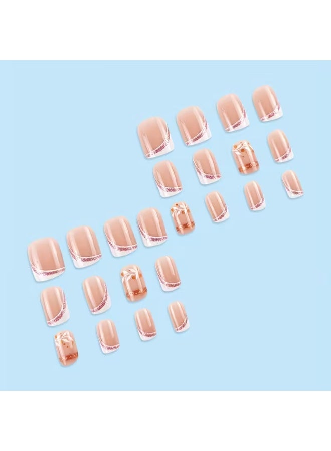 LANGMANNI 24pcs Women's Glossy Square Round French Rose Golden White Striped Leaf Pressing Nails Comes with 1 Set of Kits for Weddings and Celebrations - Image 5