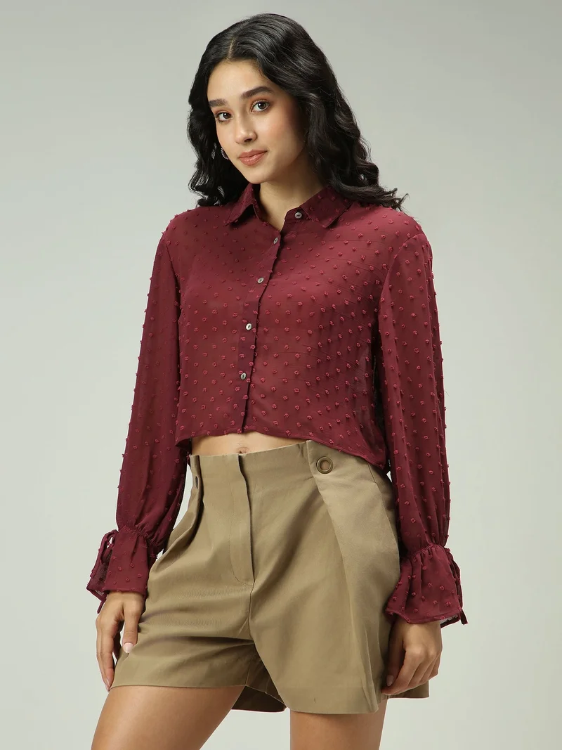 Outzidr  Maroon Self Design Textured Shirt for Women | Best Price UAE