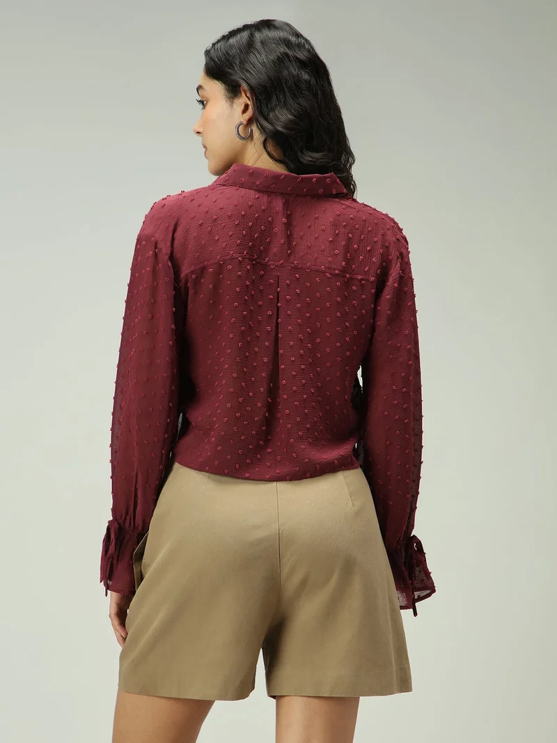 OUTZIDR Maroon Self Design Textured Shirt