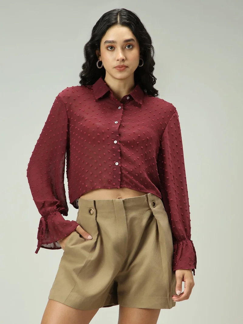 Outzidr  Maroon Self Design Textured Shirt for Women | Best Price UAE