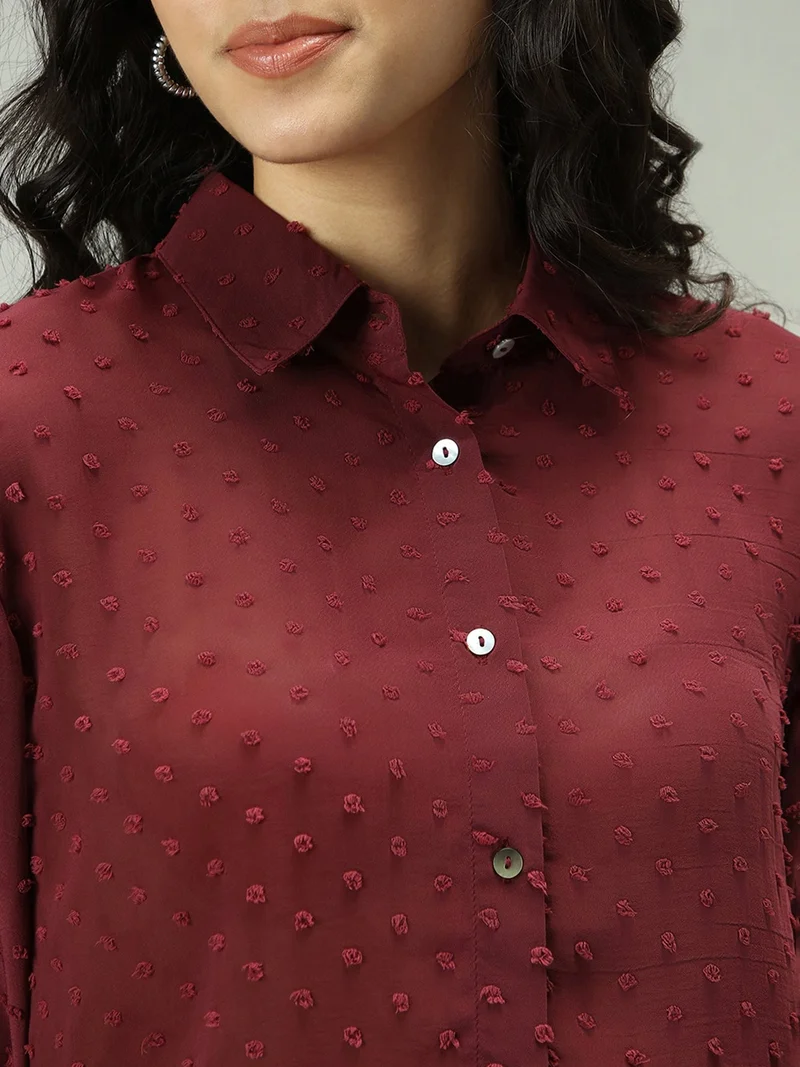 Outzidr  Maroon Self Design Textured Shirt for Women | Best Price UAE