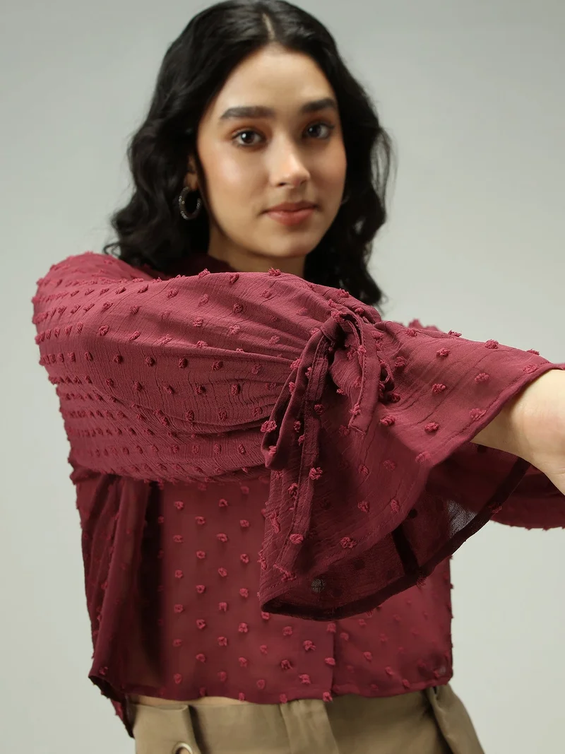 OUTZIDR Maroon Self Design Textured Shirt