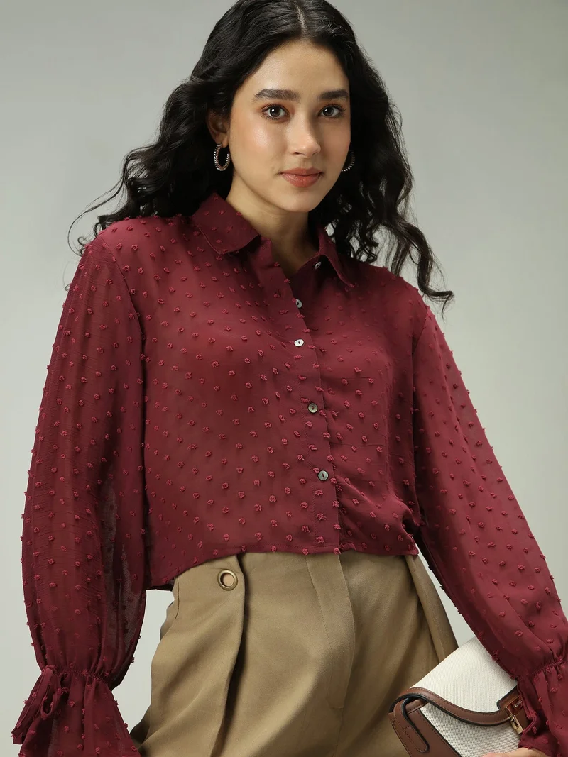 Outzidr  Maroon Self Design Textured Shirt for Women | Best Price UAE