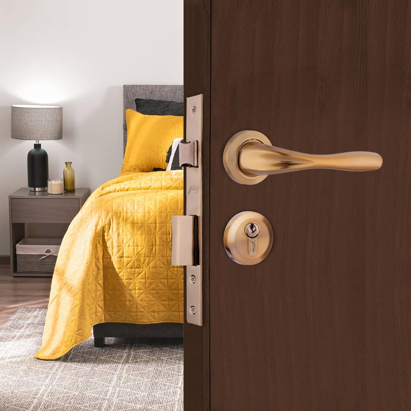 Godrej Locking Solutions and Systems Godrej Mortise Lock Handle Lock Set Calla Rossette Home Dcor Handle Sunset Rose Gold Finish 60 mm 1CK Cylinder Knob from Inside Knob from Inside with 3 Keyswith 5year Warranty  - Image 1