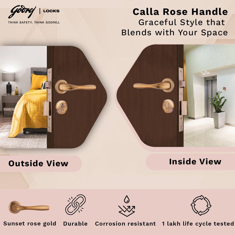 Godrej Locking Solutions and Systems Godrej Mortise Lock Handle Lock Set Calla Rossette Home Dcor Handle Sunset Rose Gold Finish 60 mm 1CK Cylinder Knob from Inside Knob from Inside with 3 Keyswith 5year Warranty  - Image 2