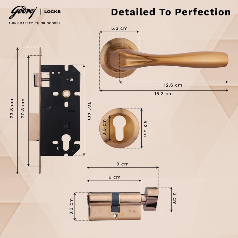 Godrej Locking Solutions and Systems Godrej Mortise Lock Handle Lock Set Calla Rossette Home Dcor Handle Sunset Rose Gold Finish 60 mm 1CK Cylinder Knob from Inside Knob from Inside with 3 Keyswith 5year Warranty  - Image 5