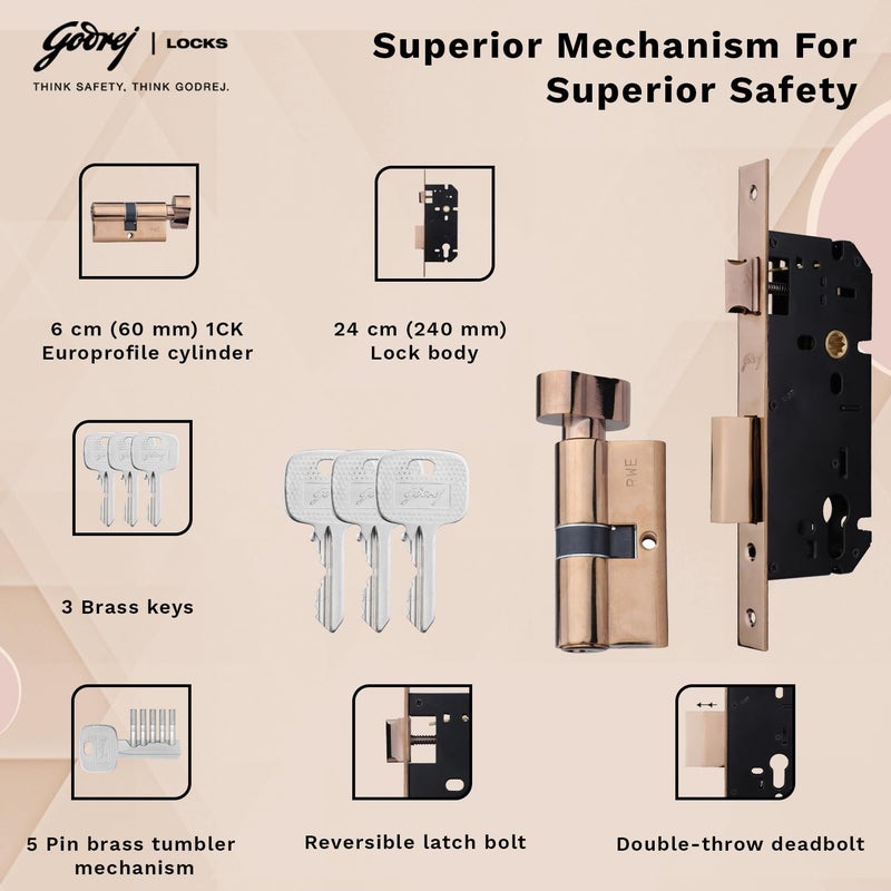 Godrej Locking Solutions and Systems Godrej Mortise Lock Handle Lock Set Calla Rossette Home Dcor Handle Sunset Rose Gold Finish 60 mm 1CK Cylinder Knob from Inside Knob from Inside with 3 Keyswith 5year Warranty  - Image 3
