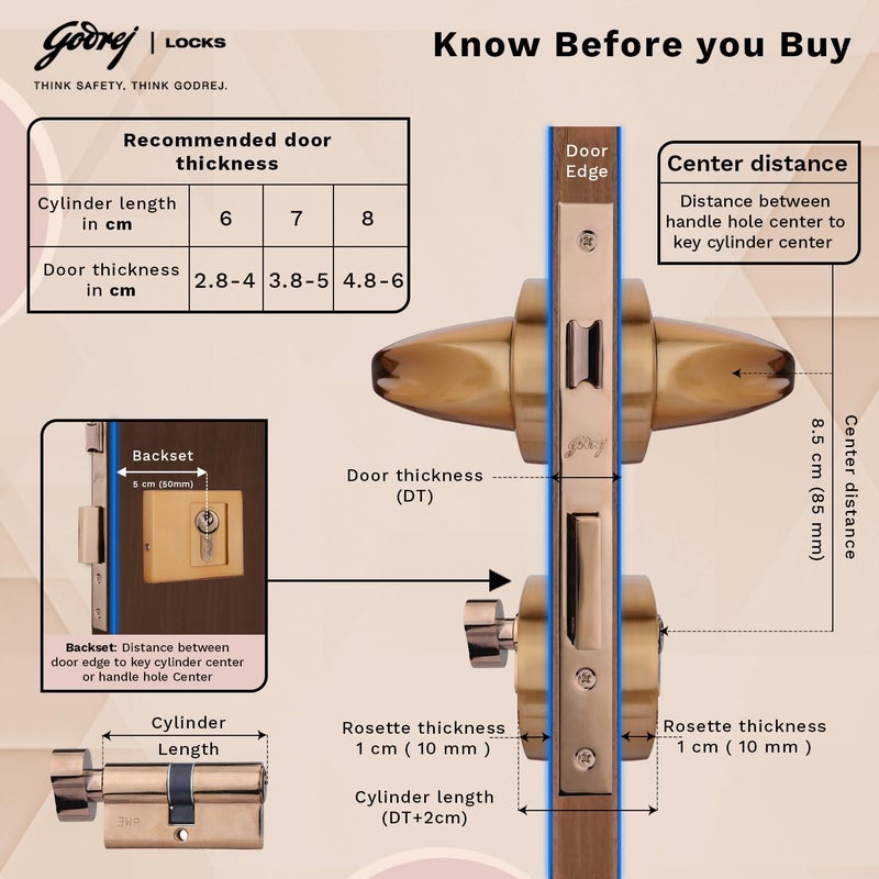 Godrej Locking Solutions and Systems Godrej Mortise Lock Handle Lock Set Calla Rossette Home Dcor Handle Sunset Rose Gold Finish 60 mm 1CK Cylinder Knob from Inside Knob from Inside with 3 Keyswith 5year Warranty  - Image 4