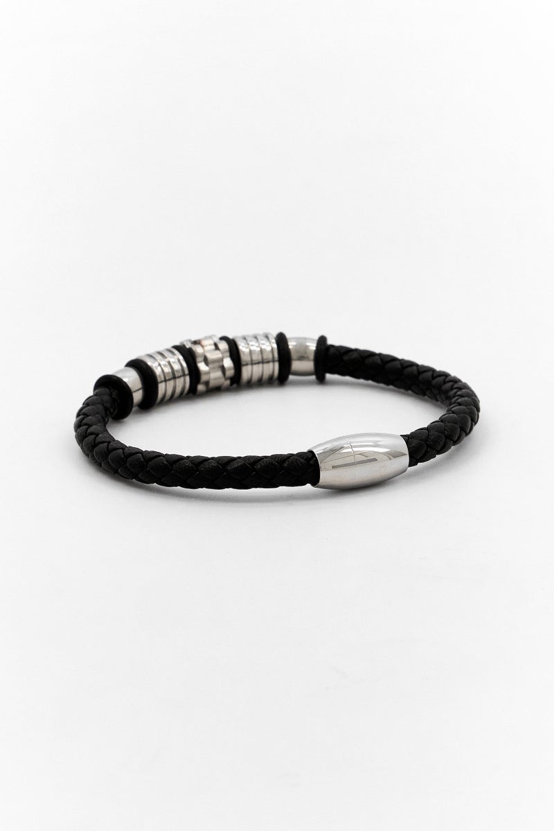 Steeltime Men Leather Braided Bracelet With Stainless Steel Accents, Black - Image 2