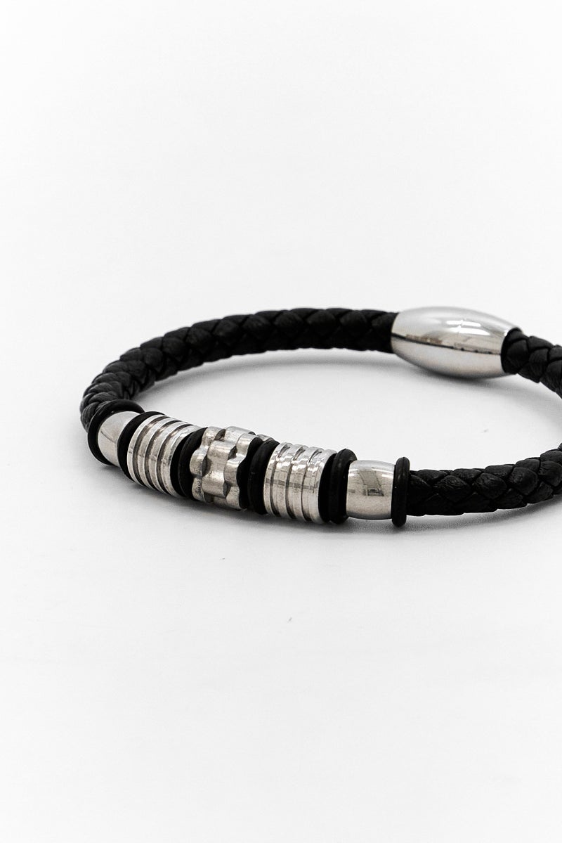Steeltime Men Leather Braided Bracelet With Stainless Steel Accents, Black - Image 3
