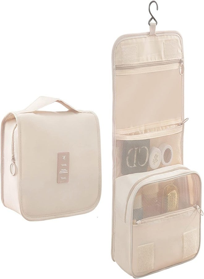NISHIV Toiletry Travel Bag for Woman Makeup Cosmetic Organizer Hanging Water Resistant Pouch with Multiple Compartments for Toiletries Accessory Bathroom Shower (Beige) - Image 1