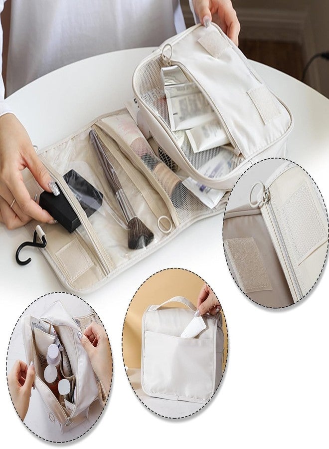 NISHIV Toiletry Travel Bag for Woman Makeup Cosmetic Organizer Hanging Water Resistant Pouch with Multiple Compartments for Toiletries Accessory Bathroom Shower (Beige) - Image 3