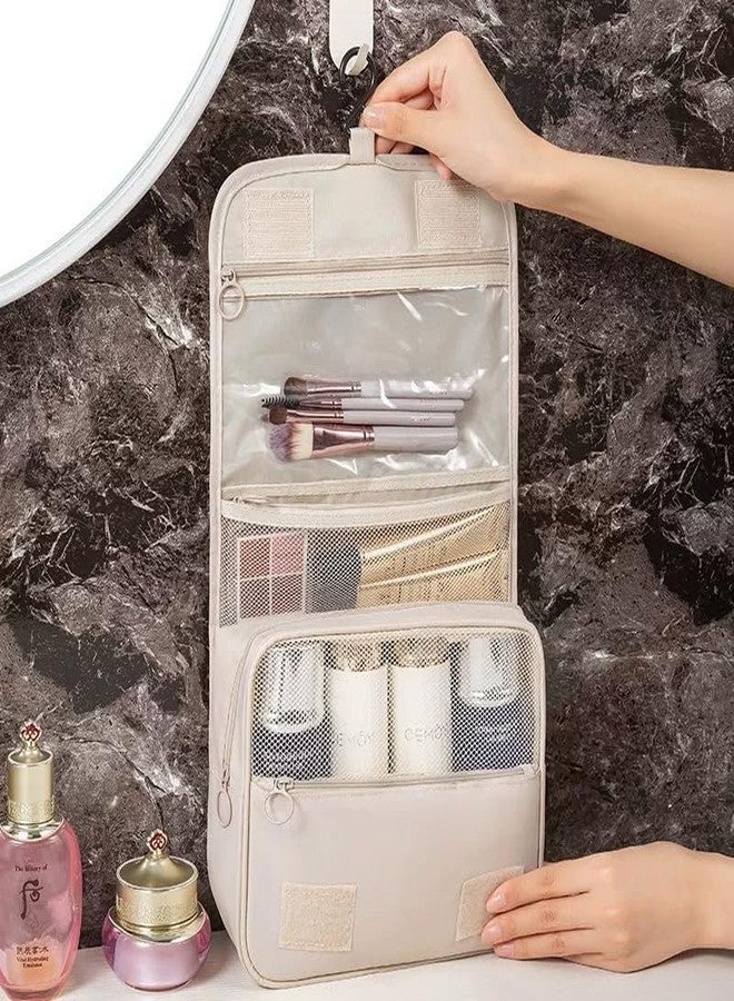 NISHIV Toiletry Travel Bag for Woman Makeup Cosmetic Organizer Hanging Water Resistant Pouch with Multiple Compartments for Toiletries Accessory Bathroom Shower (Beige) - Image 4