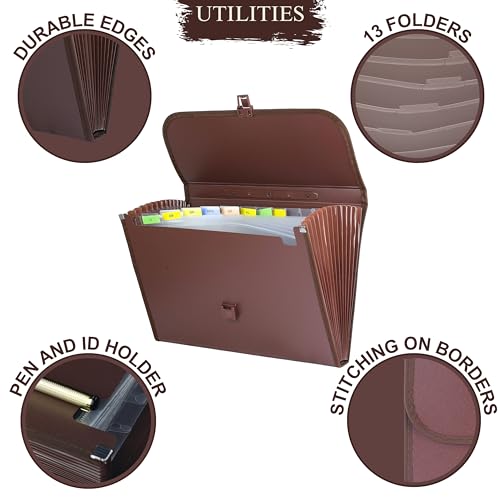 SPS 13 Pockets Expanding File Folder with Buckle Closure,Label Index and Handle for A4/Foolscap/Legal Documents (Brown) - Image 3