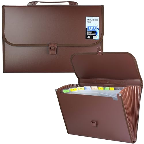SPS 13 Pockets Expanding File Folder with Buckle Closure,Label Index and Handle for A4/Foolscap/Legal Documents (Brown) - Image 1