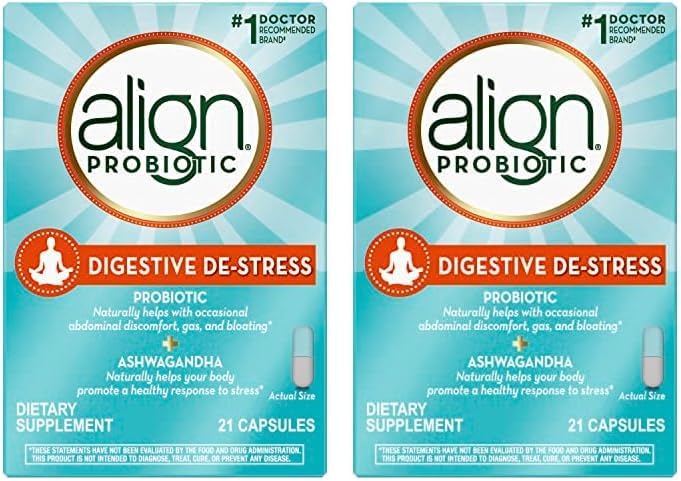 Align Probiotic Digestive DeStress Probiotic for Women and Men with Ashwagandha Helps with a Healthy Response to Stress Gluten Free Soy Free Vegetarian 21 Capsules Pack of 2 - Image 1