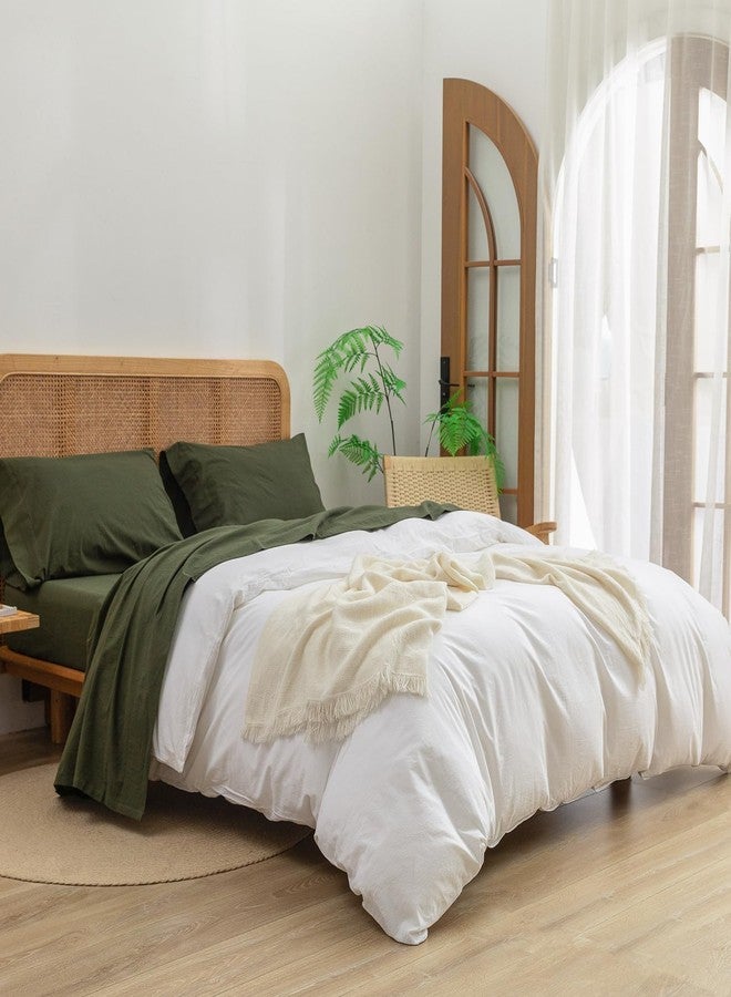BESTOUCH Sheet Set 100% Washed Cotton Linen Feel Super Soft Comfortable Chic Lightweight 4 Pcs Home Bedding Set Solid Olive Green Full - Image 2