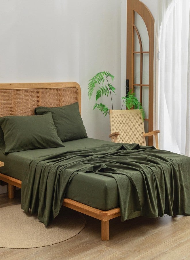 BESTOUCH Sheet Set 100% Washed Cotton Linen Feel Super Soft Comfortable Chic Lightweight 4 Pcs Home Bedding Set Solid Olive Green Full - Image 4